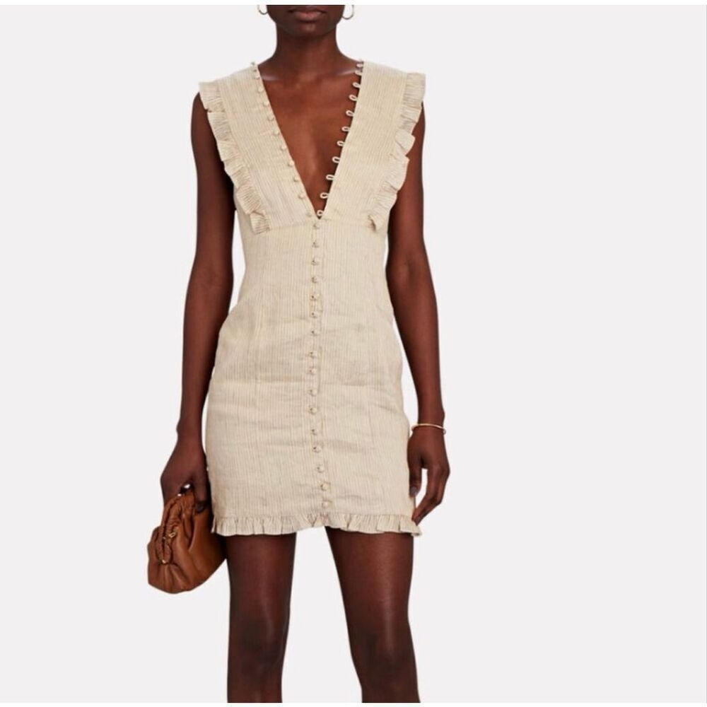 Joslin Believe Silk Linen Striped Ruffle Button V-Neck Mini Dress Sleeveless 6